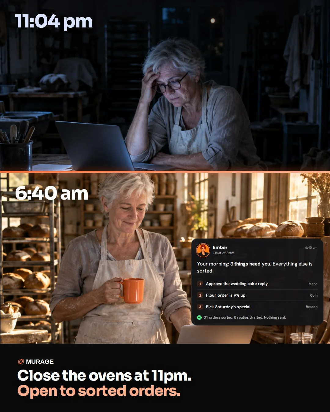 Close the ovens at 11pm. Open to sorted orders. A baker in her bakery twice: rubbing her temple over order sheets at 11pm, then smiling with coffee among fresh loaves at 6:40am while Ember lists what needs her.