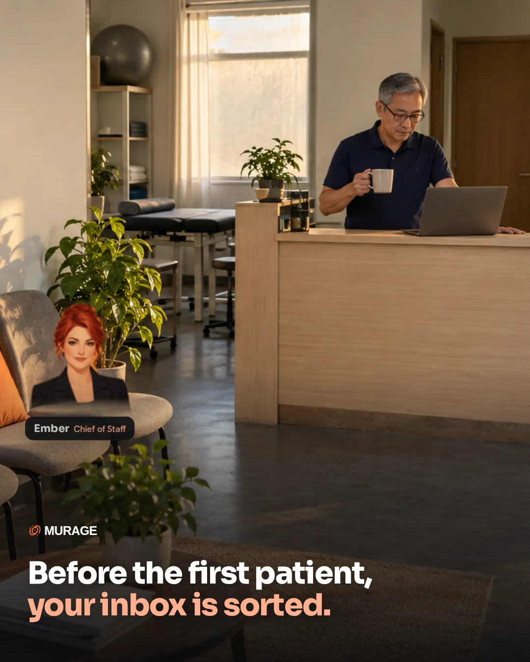 Before the first patient, your inbox is sorted. A physiotherapy clinic owner at reception before opening, with his AI team seated in the waiting room chairs: Ember, Mend on reminders, Rio on rebooking and Coin on invoices.