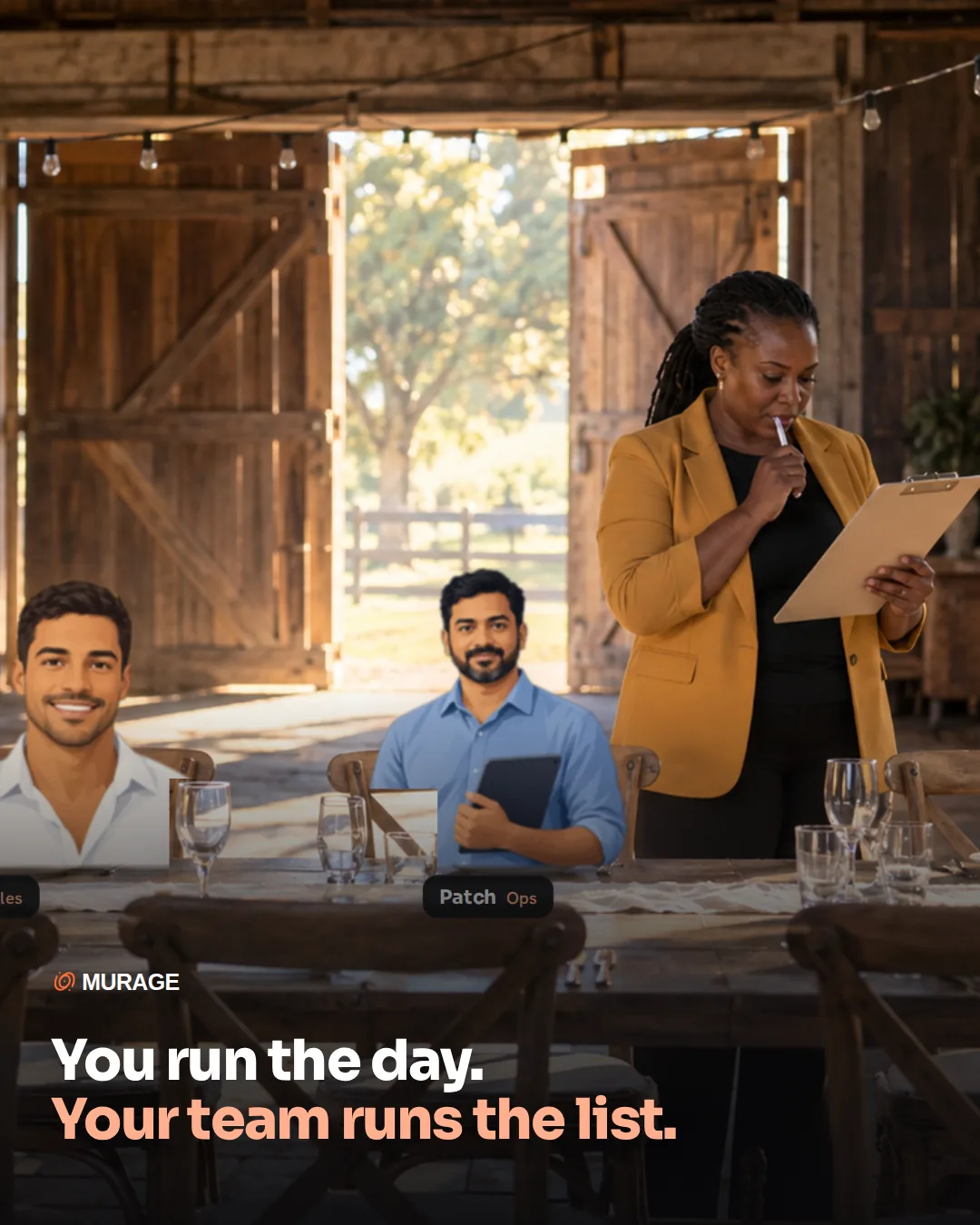 You run the day. Your team runs the list. An event planner checking her clipboard at a set banquet table in an empty barn venue, with her AI team seated at the table: Ember, Rio on RSVPs, Patch on the run sheet and Quill on supplier emails.