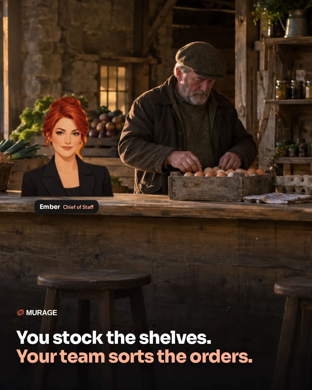 You stock the shelves. Your team sorts the orders. A farm shop owner arranging eggs behind the counter at sunrise, with his AI team seated on the stools opposite: Ember, his Chief of Staff, with order replies drafted and Beacon drafting the weekend post.