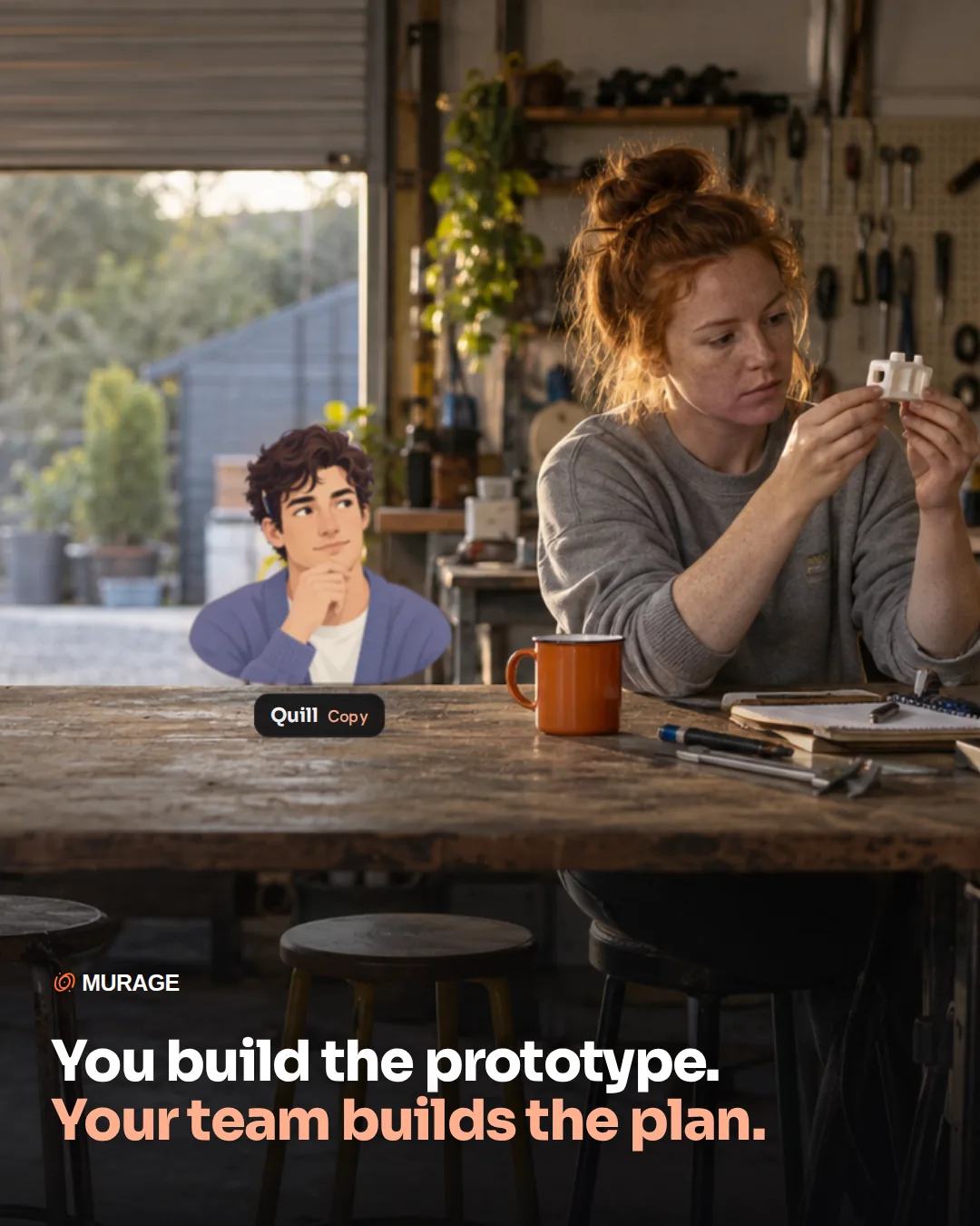 You build the prototype. Your team builds the plan. A hardware founder inspecting a prototype part at her garage workbench, with her AI team seated along the bench: Ember, Scout on suppliers, Coin on unit cost and Quill on the pre-order page.