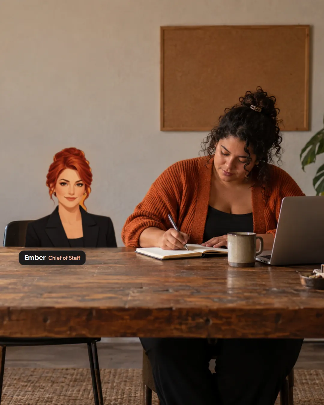 A creator writing in her notebook at a long desk, with her AI team seated around it: Ember the Chief of Staff, Quill on hooks, Scout on research and Beacon planning posts.