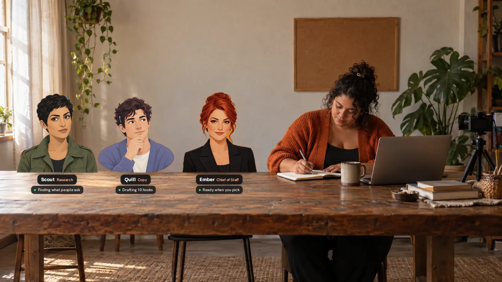 A creator writing in her notebook at a long desk, with her AI team seated around it: Ember the Chief of Staff, Quill on hooks, Scout on research and Beacon planning posts.
