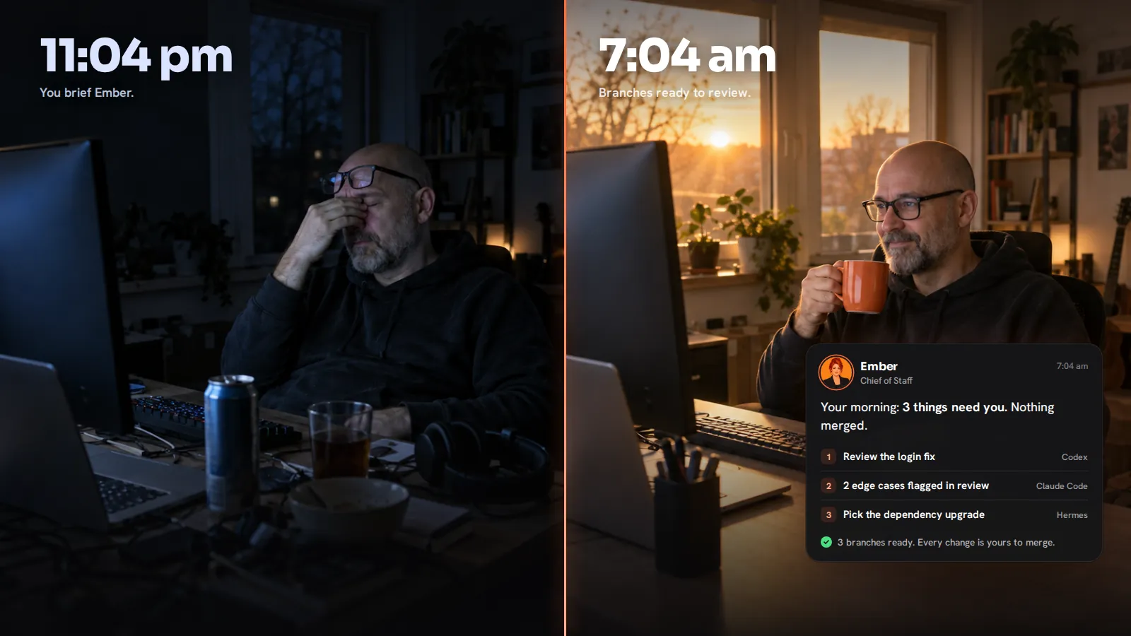 A developer at his desk twice: rubbing his eyes by monitor light at 11pm, then relaxed with coffee at 7am while Ember lists branches from Codex, Claude Code and Hermes ready for his review.