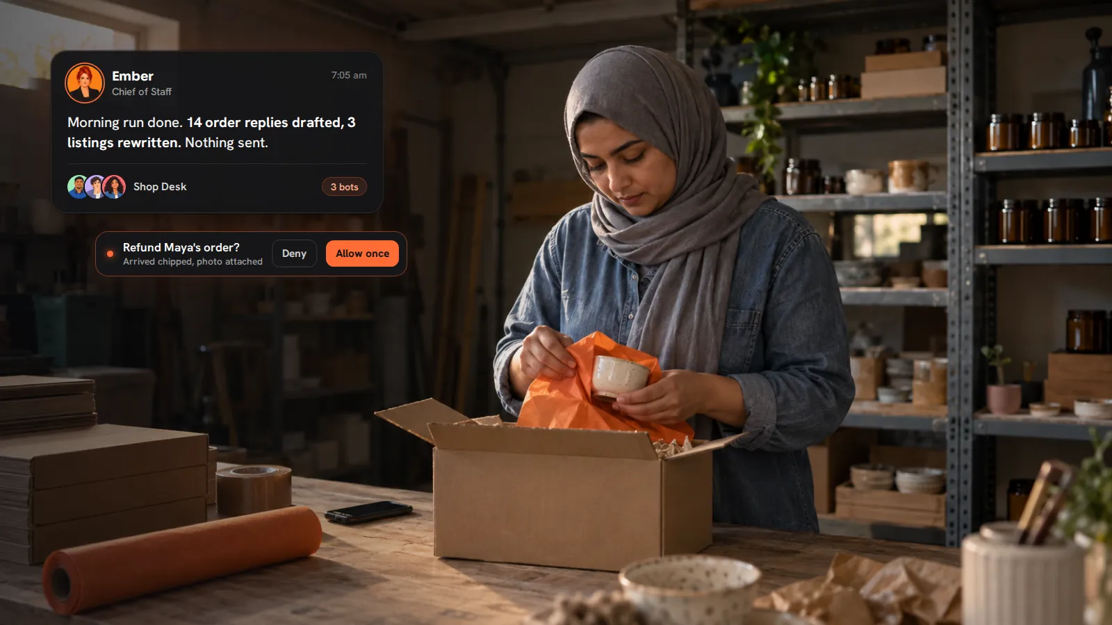 An online shop owner wrapping a ceramic cup in her stockroom at dawn, while Ember reports order replies and listings drafted and a refund waits for her Allow once or Deny.