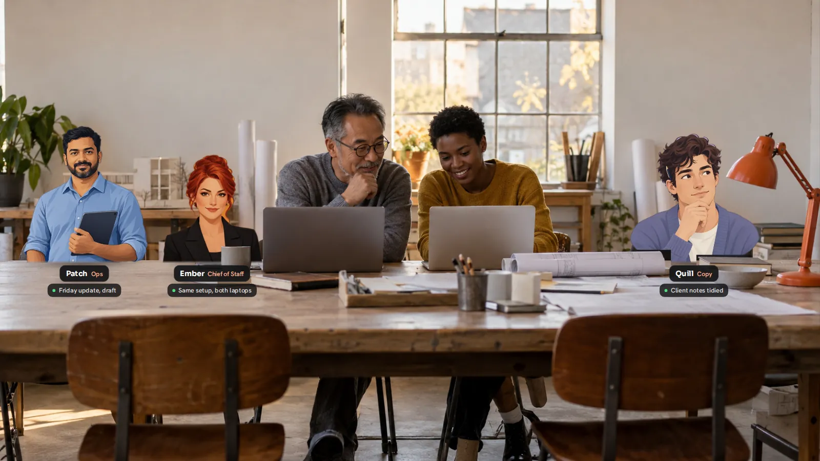 Two colleagues at a shared worktable in a small architecture office, with AI bots from the same imported setup seated beside them.