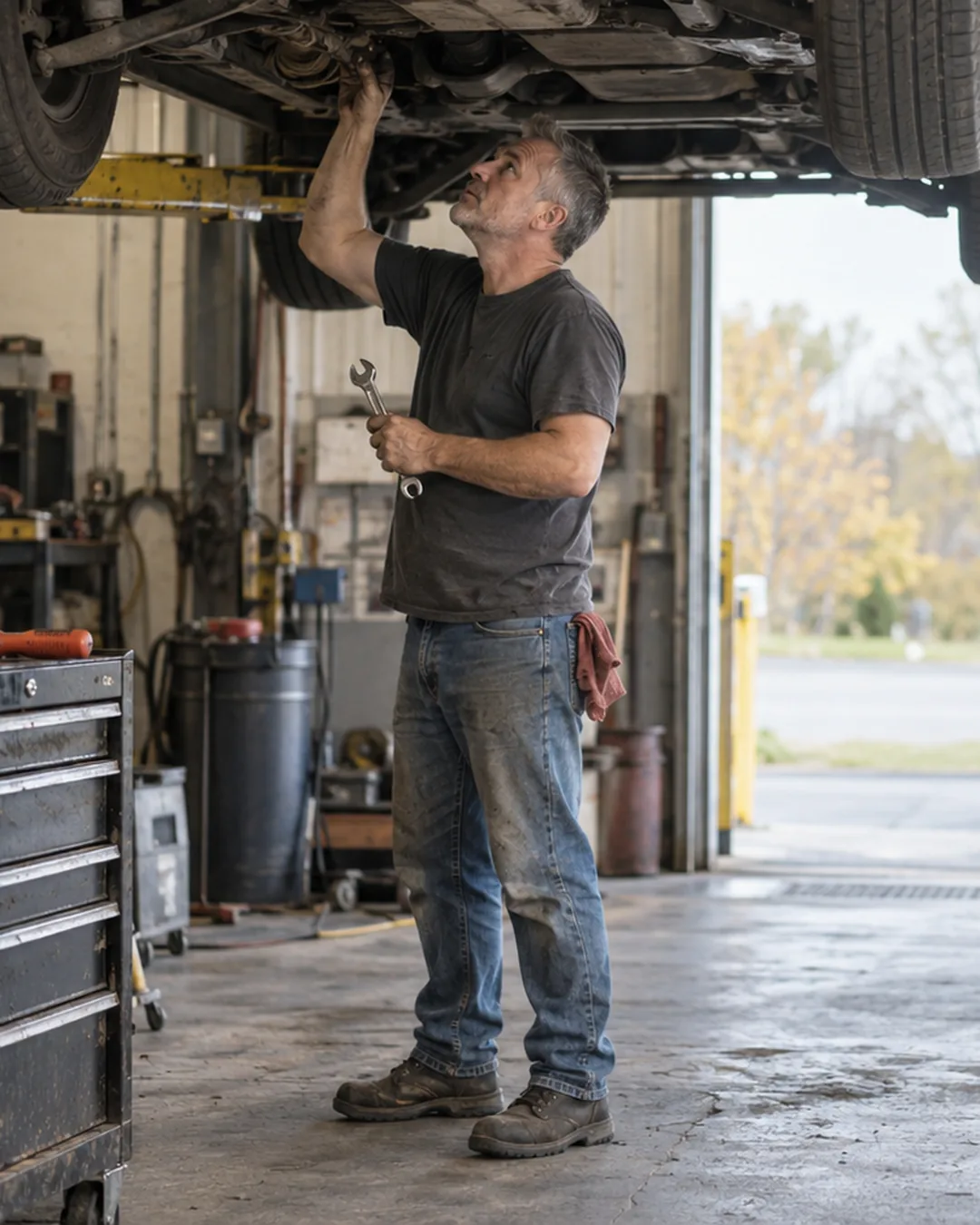 A mechanic inspects a car on the lift in his bay, the way he would inspect an ad account.