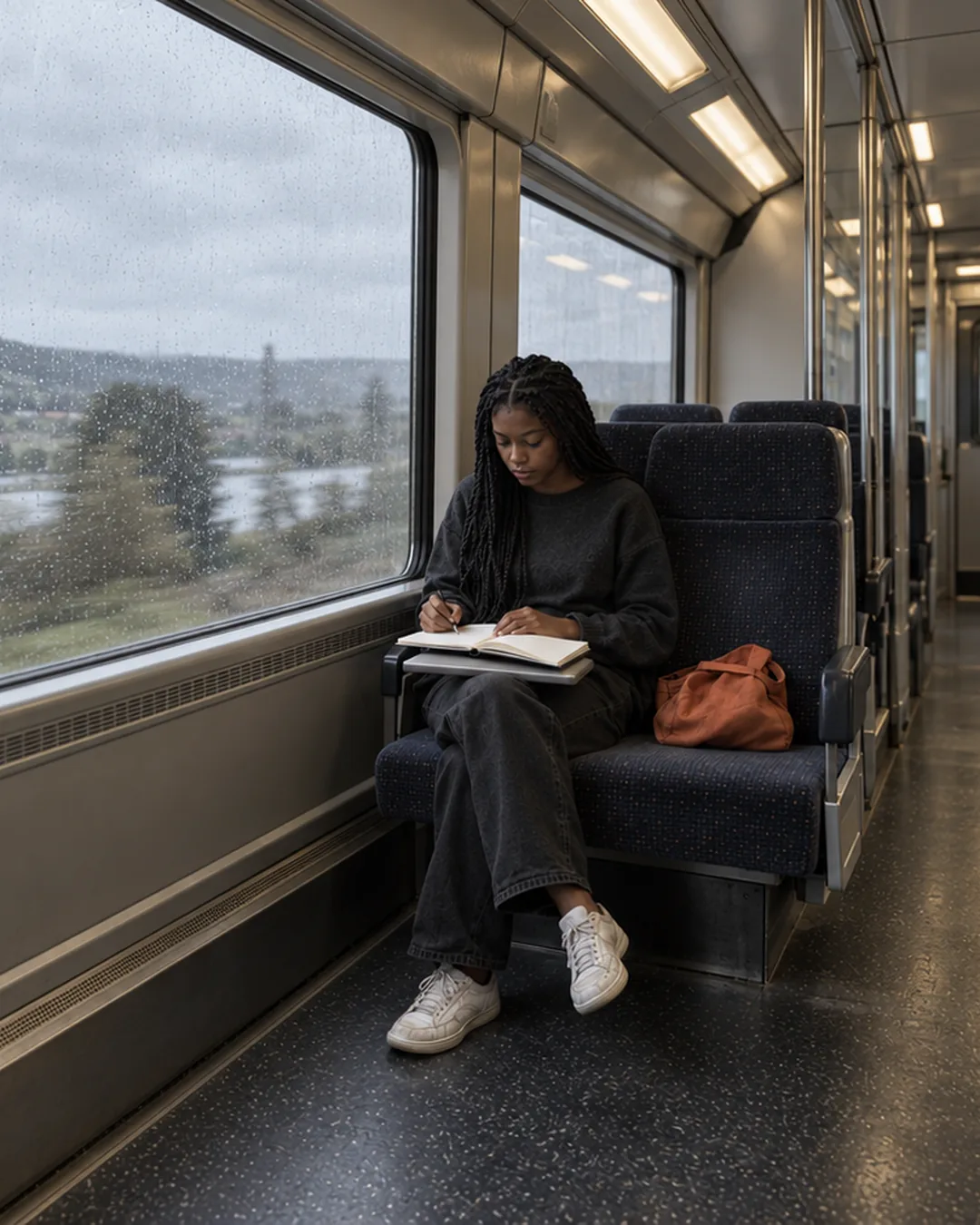A young publisher sits on a train with a notebook, planning her next site while the rain streaks past.
