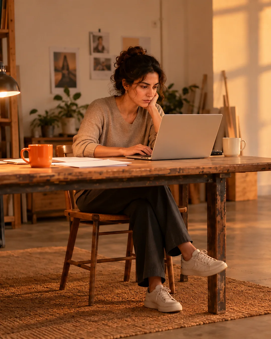 A marketing agency owner works on a client report at a long wooden table in a sunlit studio.