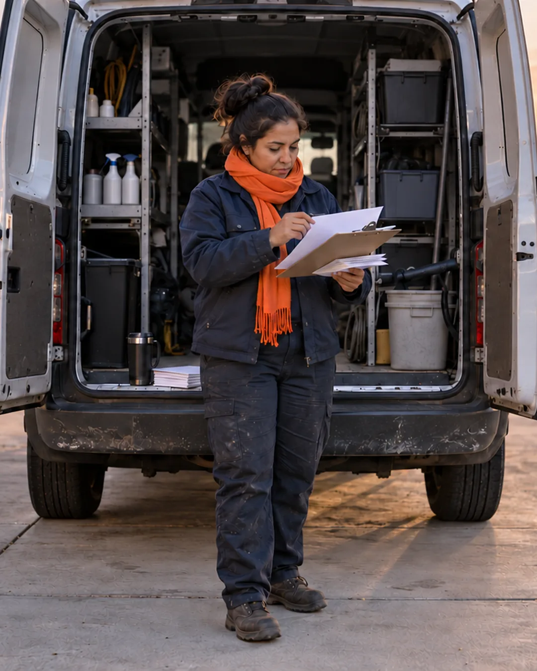 A small-business owner goes through paper job sheets at the open back of her work van at sunrise.