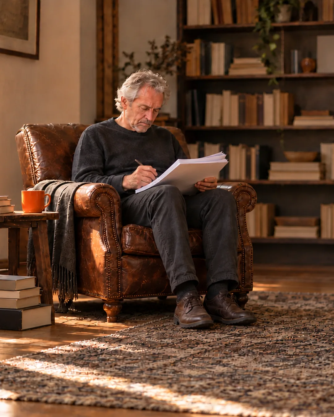 A first-time author sits in a leather armchair in a book-lined study, marking up a printed manuscript.