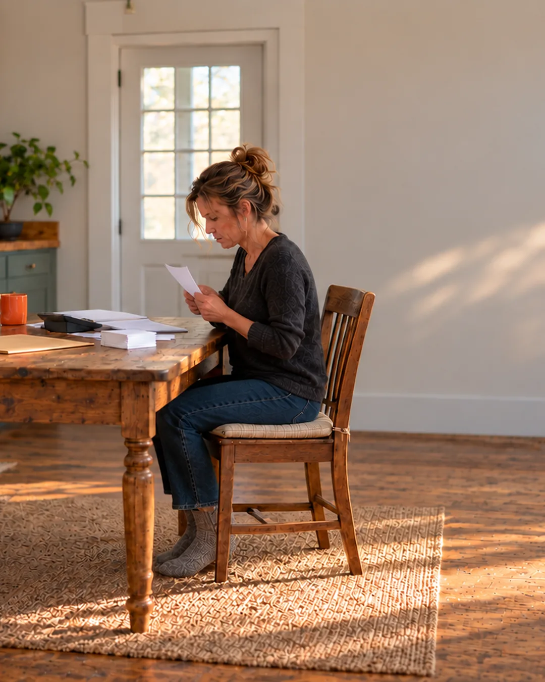 A landscaping business owner sorts the month's receipts and folders at her farmhouse kitchen table in morning light.