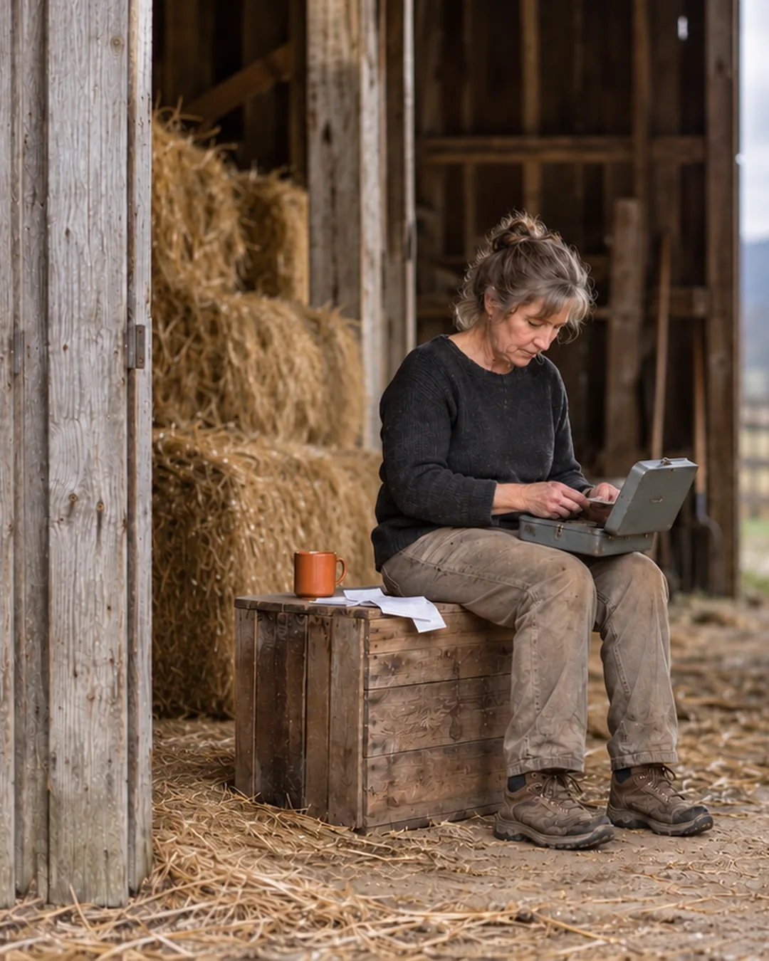 A farm stand owner sits on a crate in a barn doorway with a cash box, working out what is left over.