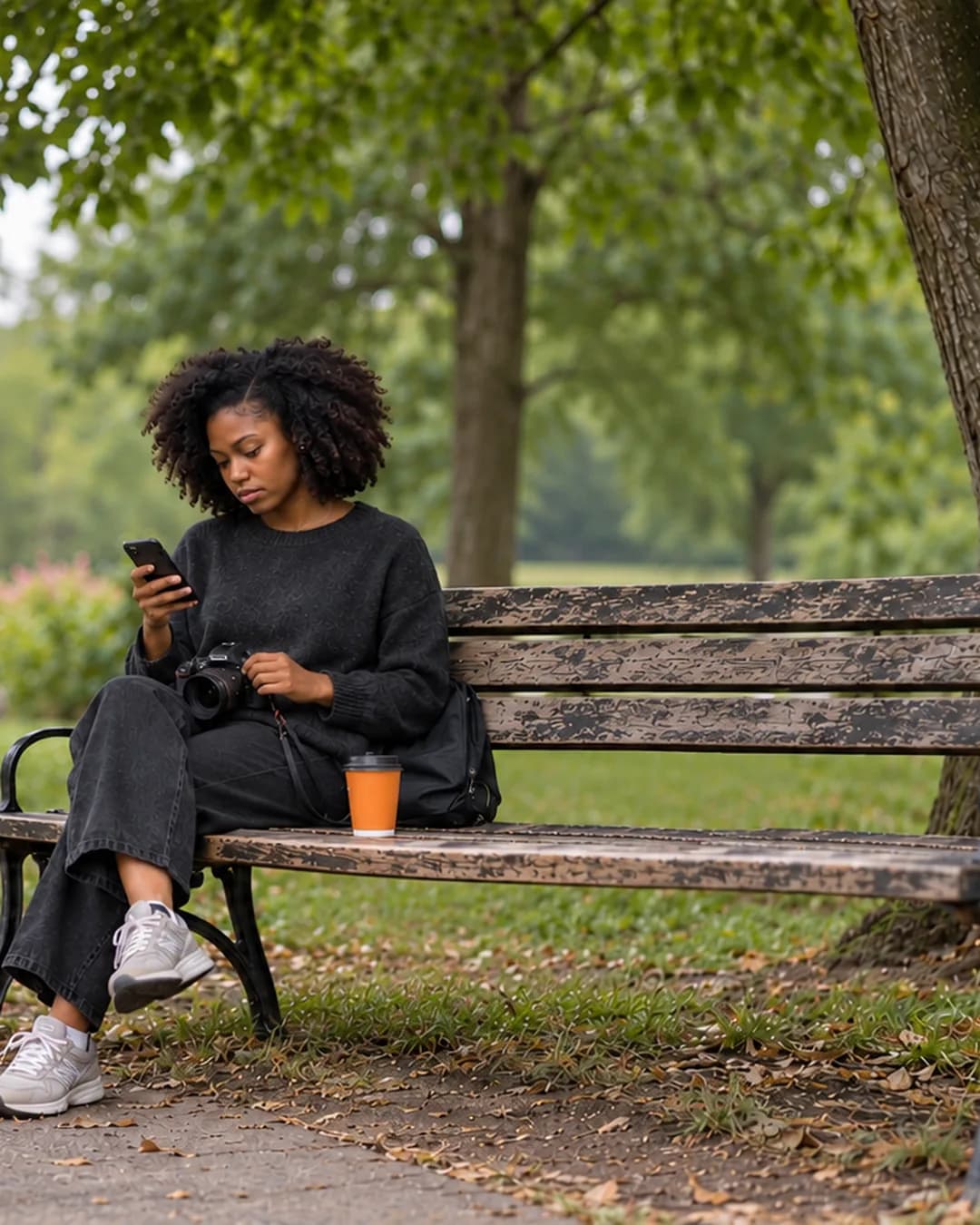 A creator sits on a park bench with a camera and phone, planning her next posts.
