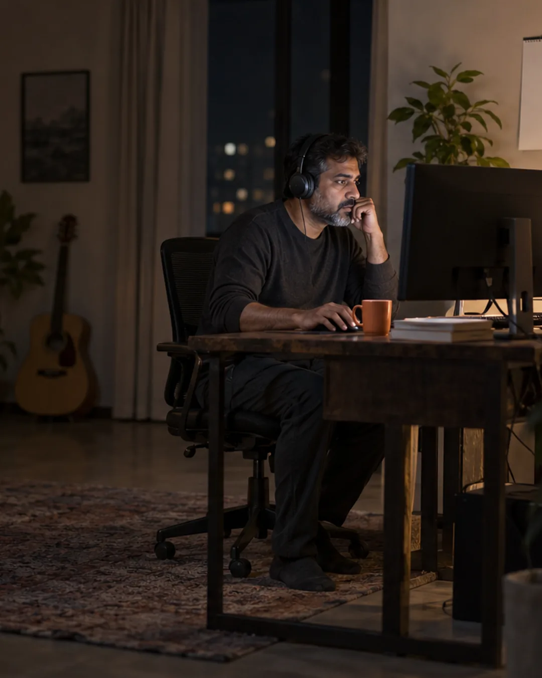 A course instructor runs a live cohort session at night in his spare-room office.