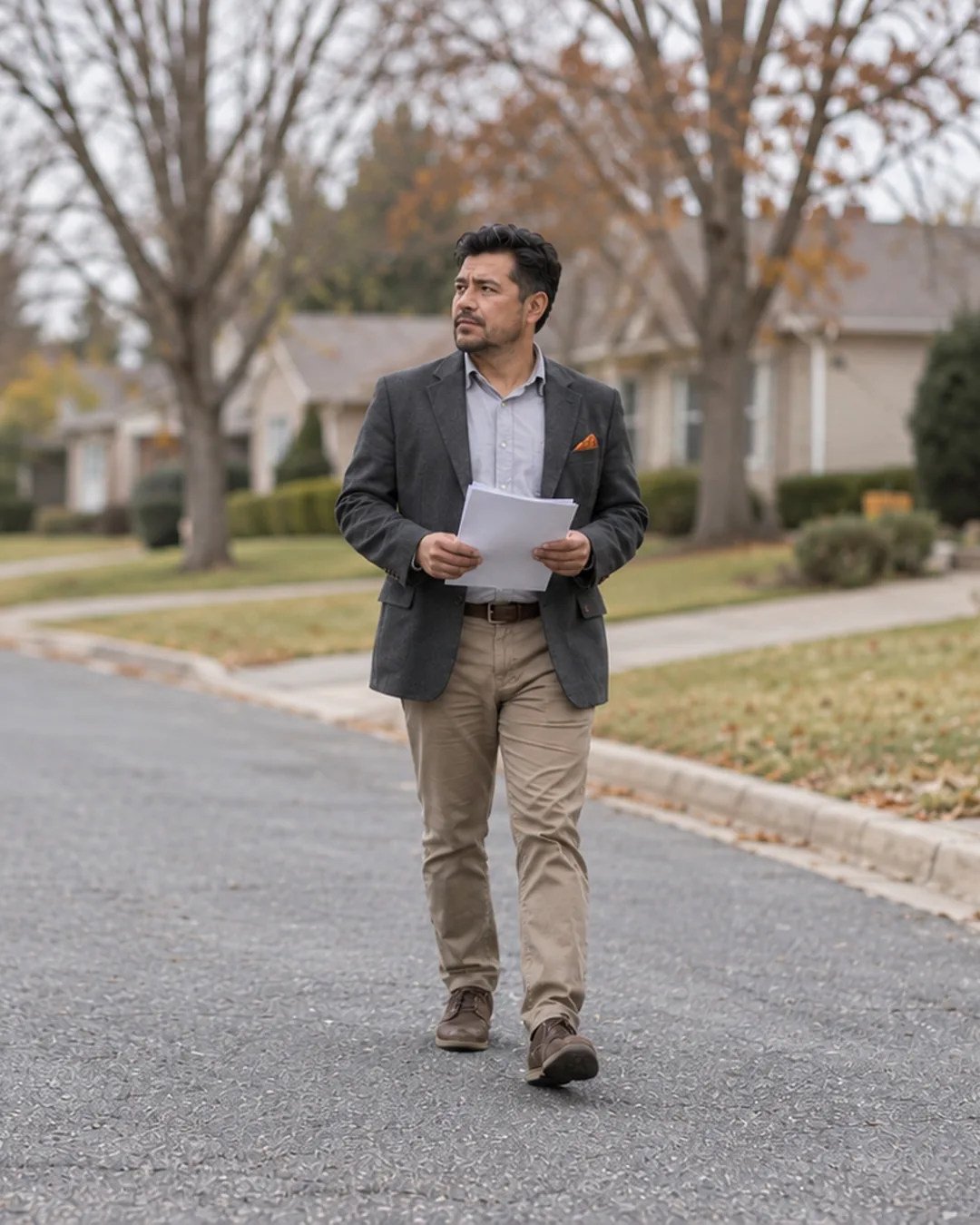 A roofing contractor walks a suburban street with a handful of flyers, reaching out to neighbours.