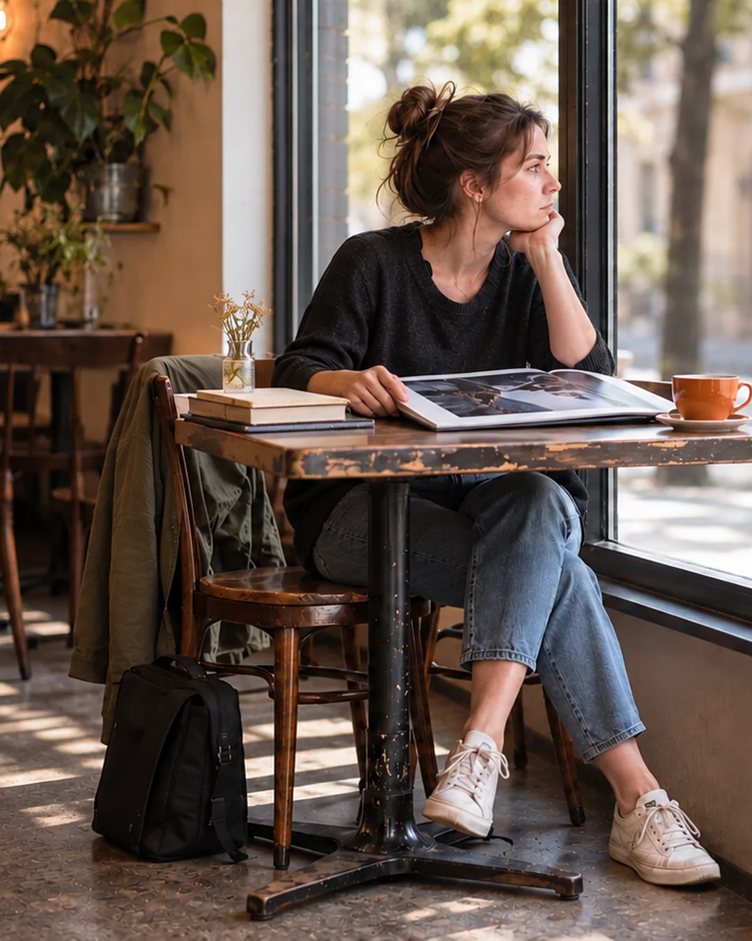 A freelance photographer studies a print and the building across the street at a cafe, preparing a pitch to one client.