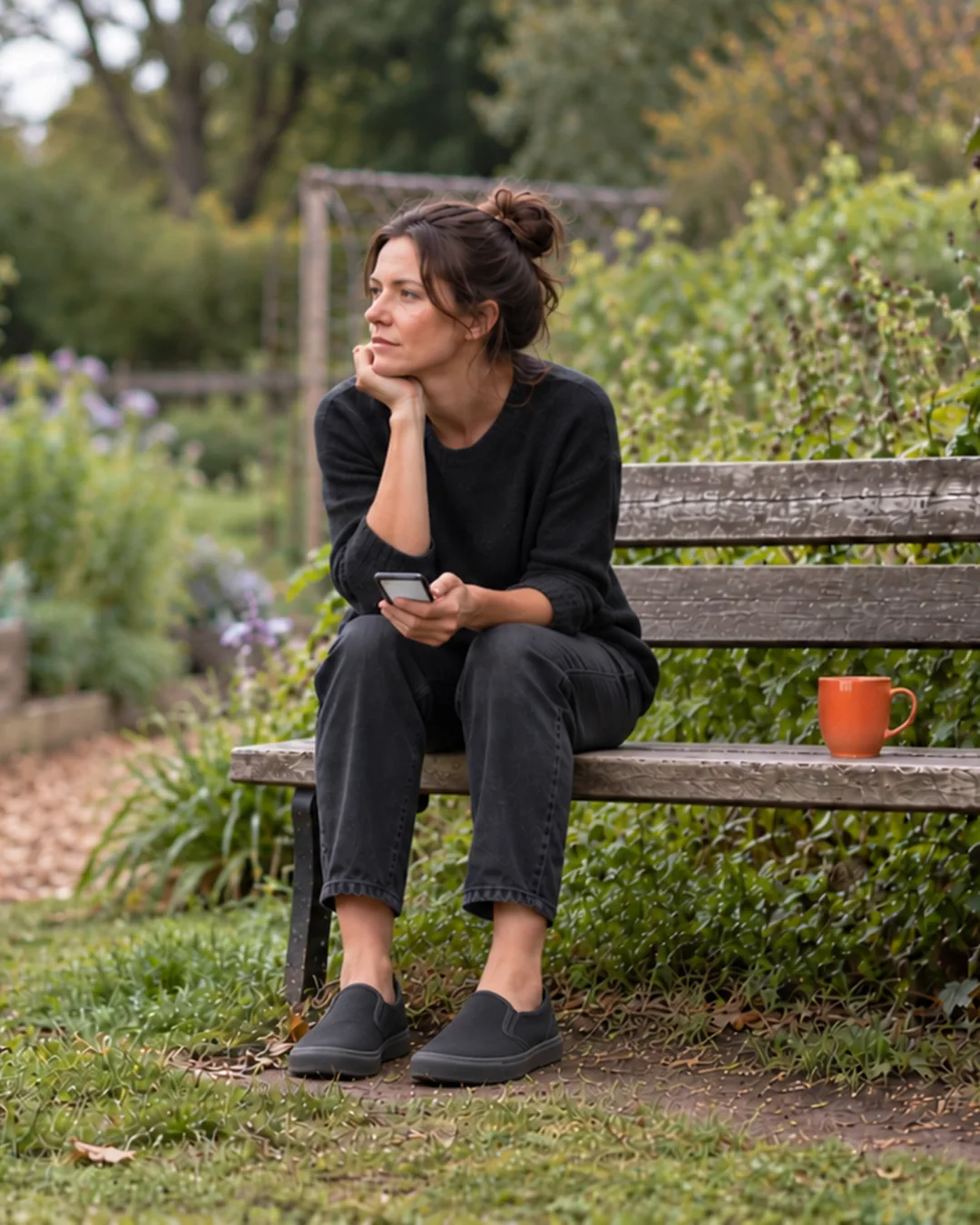 A garden designer sits on a park bench by a community garden, phone in hand, looking out thoughtfully.