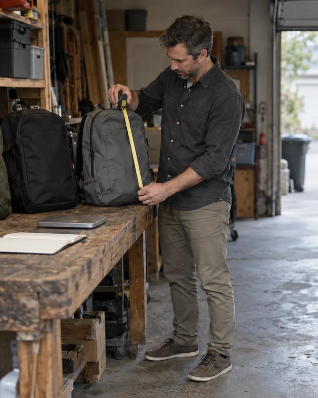 A gear reviewer lines up three backpacks on his garage workbench to compare them.