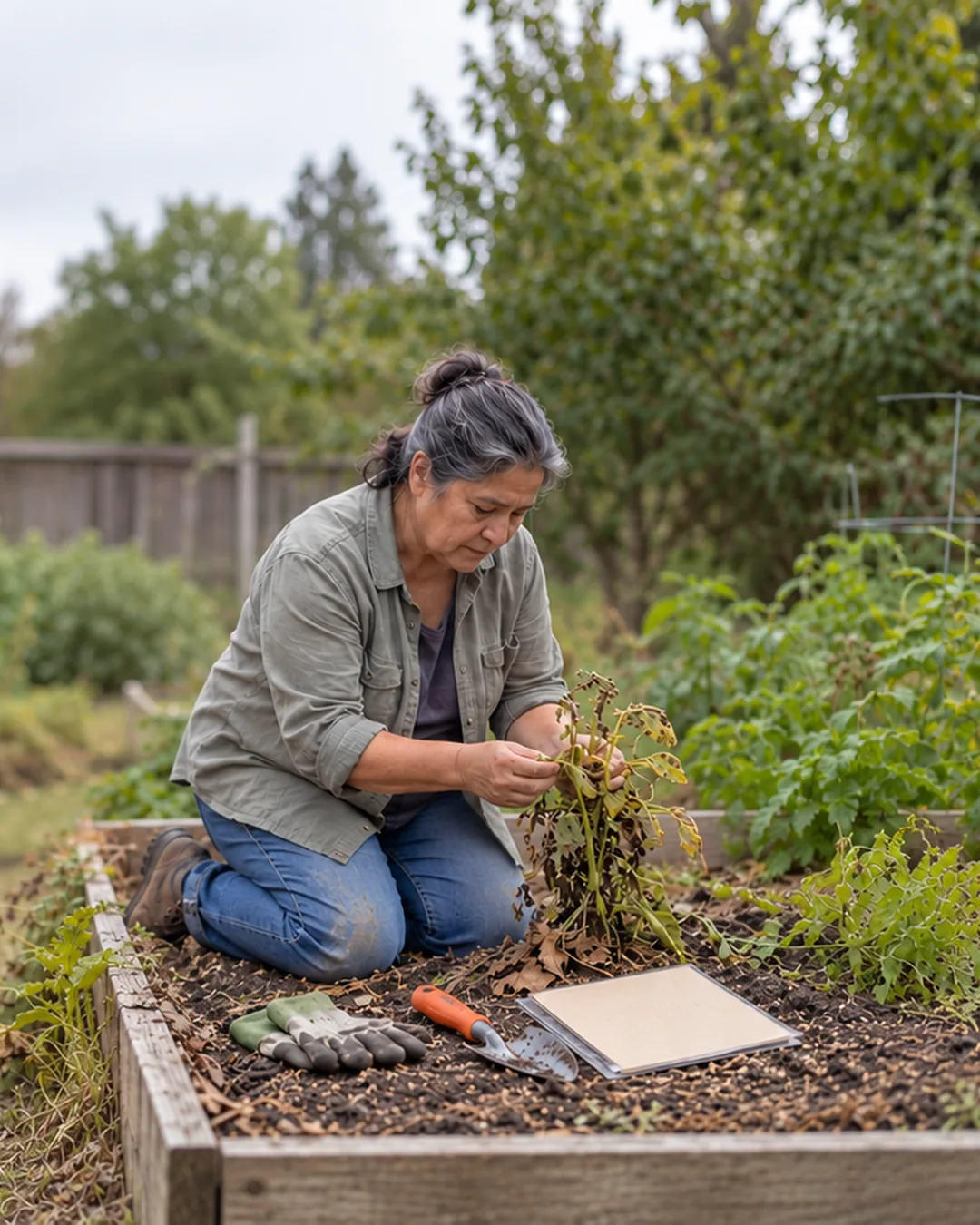 A gardening writer checks an old plant bed against her printed article, updating the advice.