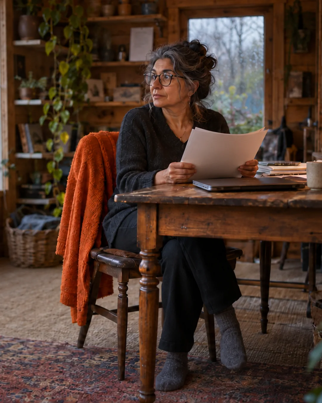 An author reads a marked-up draft at a wooden desk in a lamp-lit garden studio on a rainy evening.