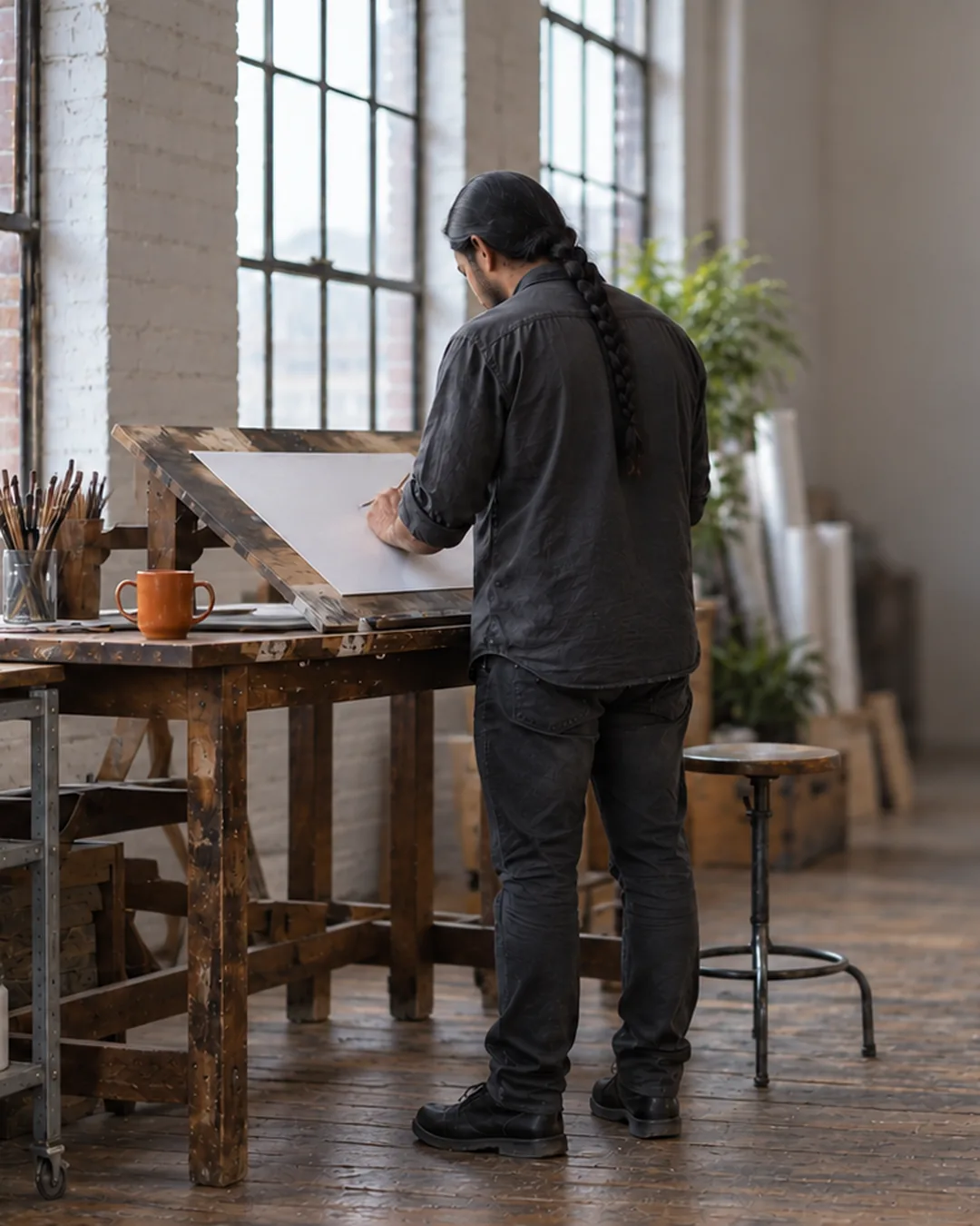 An illustrator works at a drafting table in a bright loft studio.