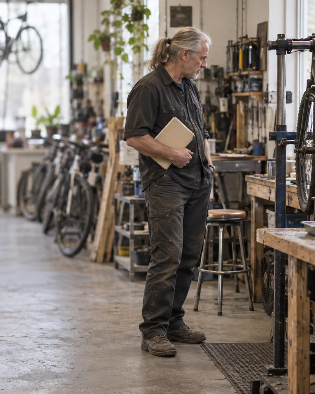 A bike shop owner leans on his workbench under soft midday light, thinking about his regular customers.