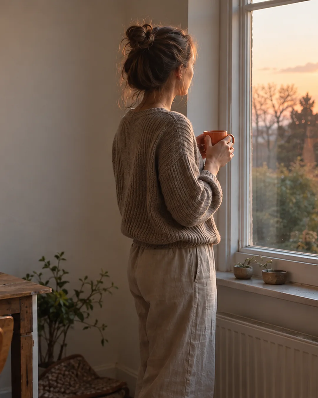 A founder stands at her home-office window at sunrise with a mug, sorting out the day before it starts.