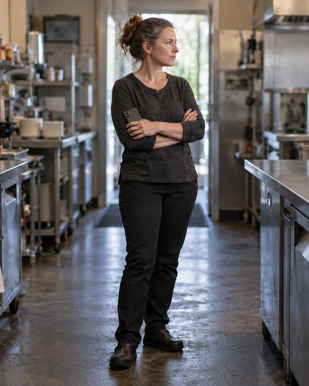 A restaurant owner stands in her kitchen before service, composed, deciding how to handle a problem.