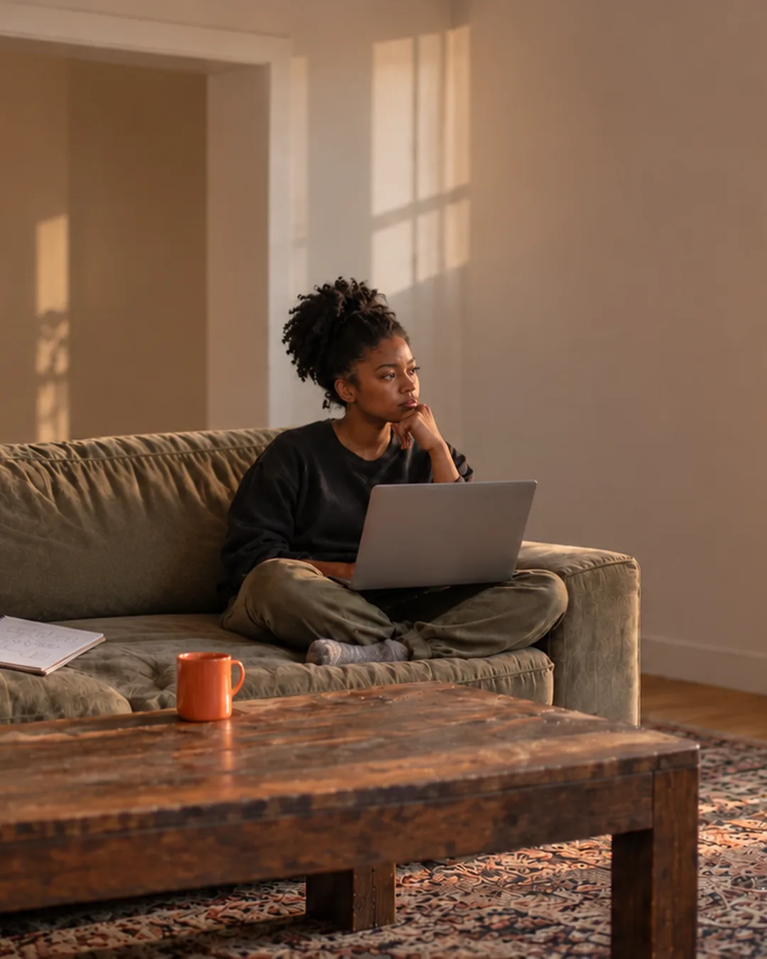 A solo founder sits cross-legged on a sofa in soft afternoon light, laptop on her knees, thinking through a plan.