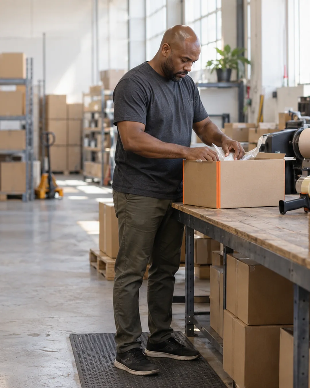 An online store owner packs orders at a long table in his small warehouse in bright daylight.