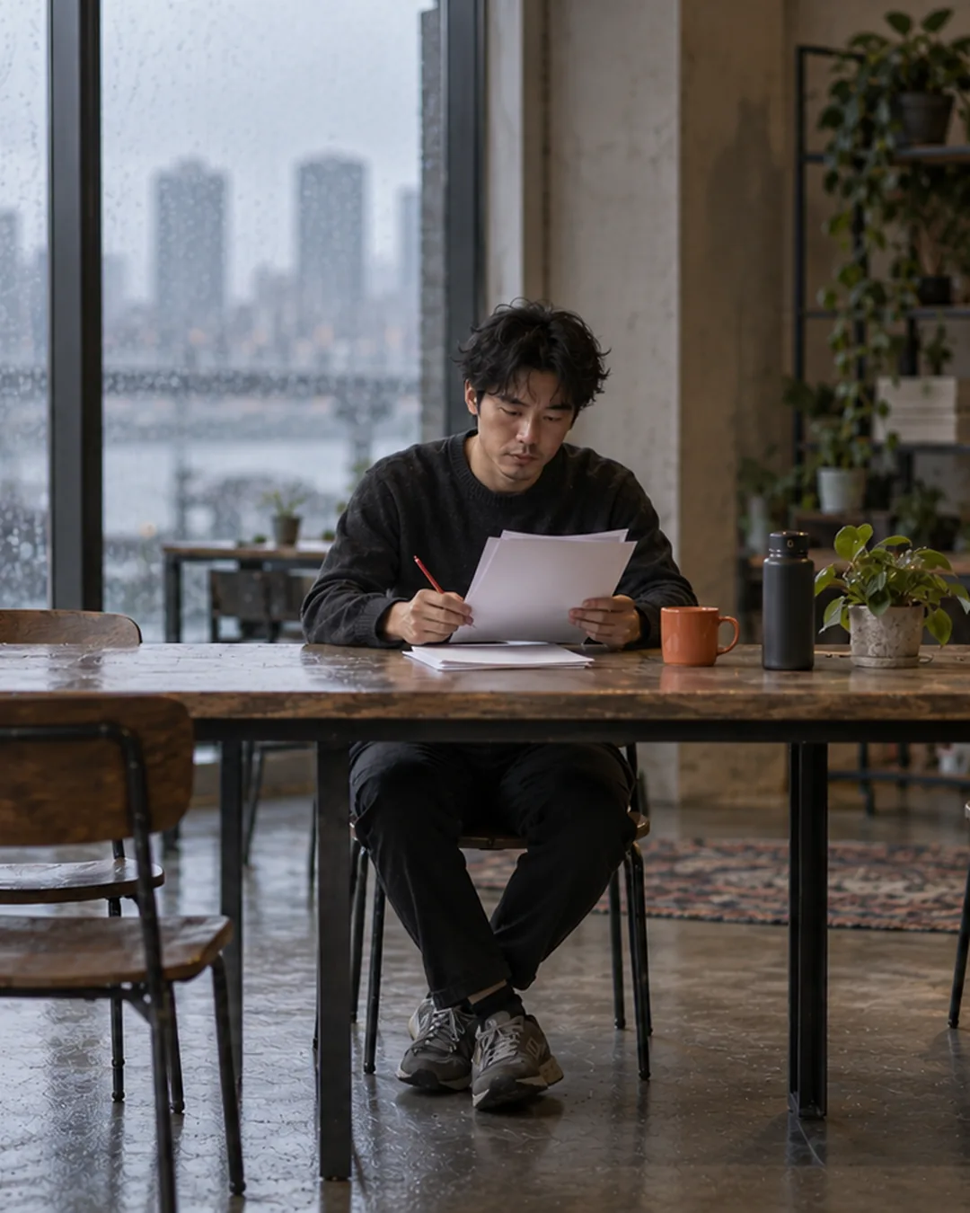 A newsletter publisher edits printed pages with a pencil at a co-working table on a rainy day.