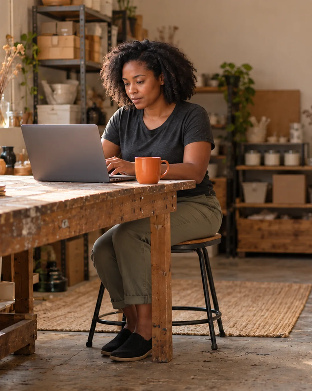 A candle maker writes to her customers on a laptop at her workshop bench.