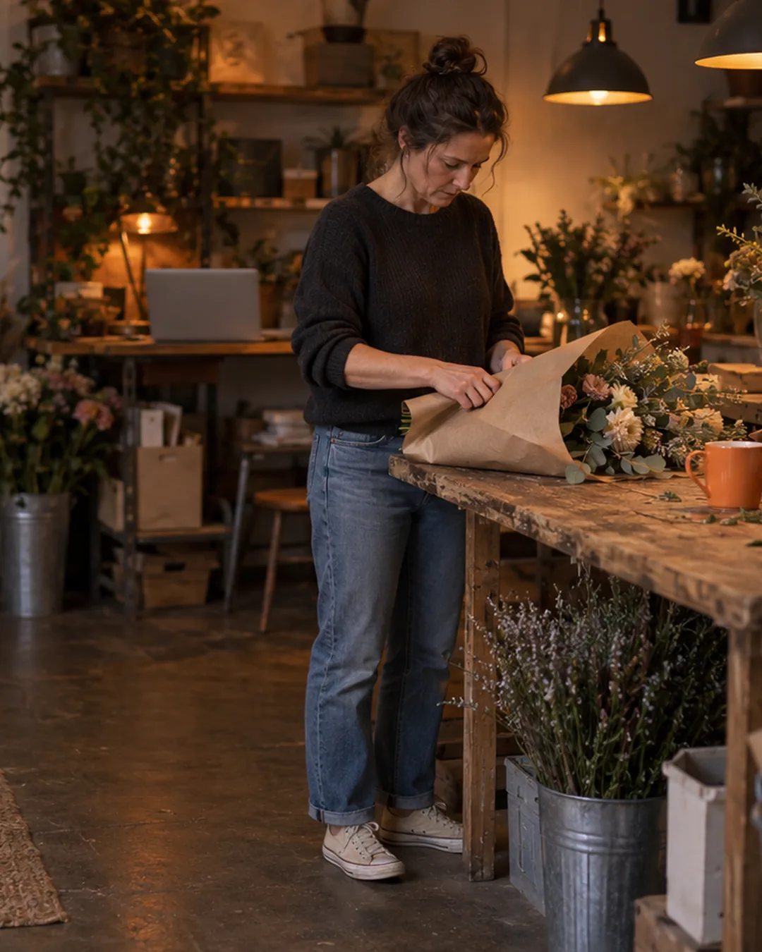 A flower-subscription owner wraps bouquets in the evening while checking on her customers' welcome emails.