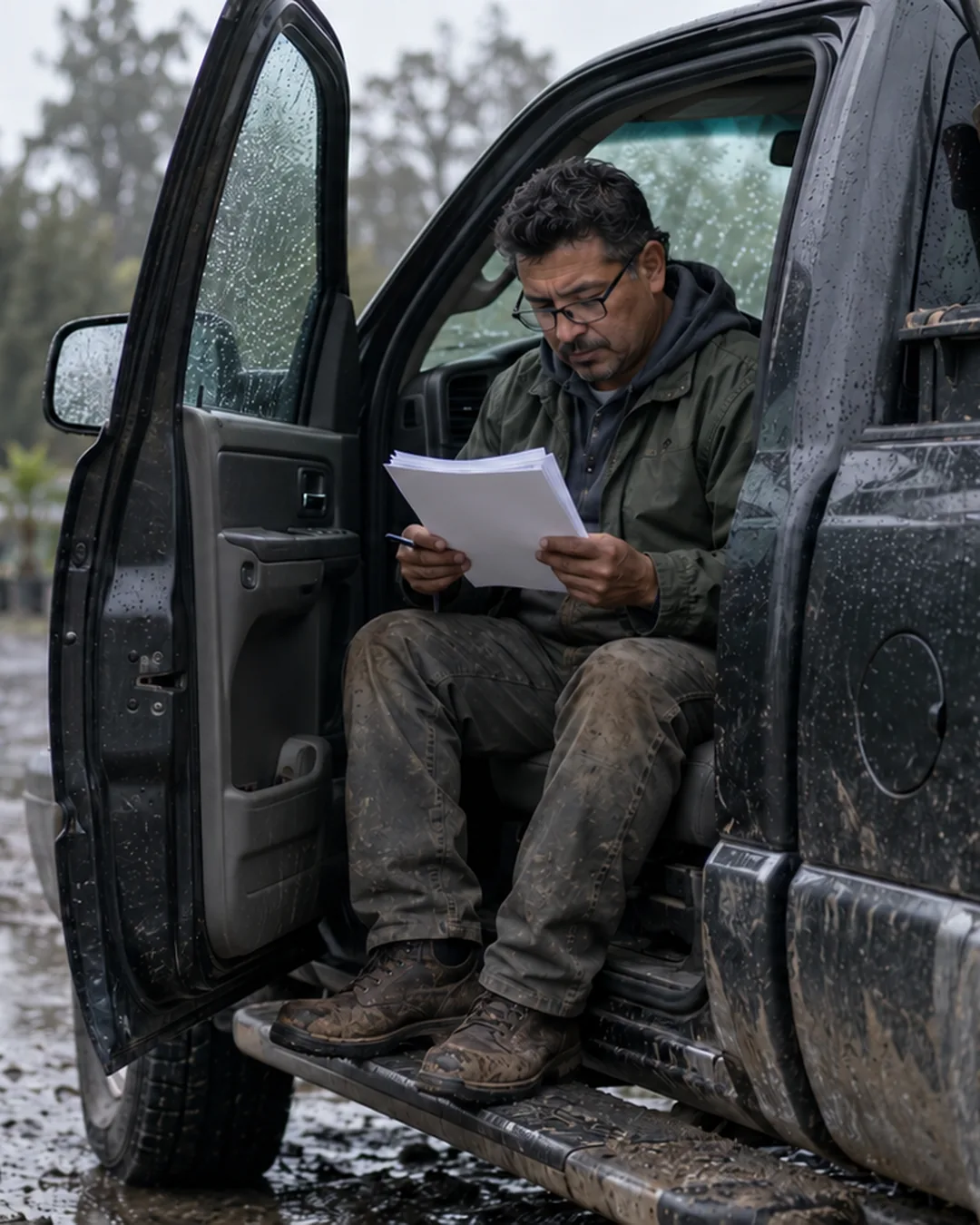 A landscaper reads a stapled contract in his pickup on a rainy day before signing.