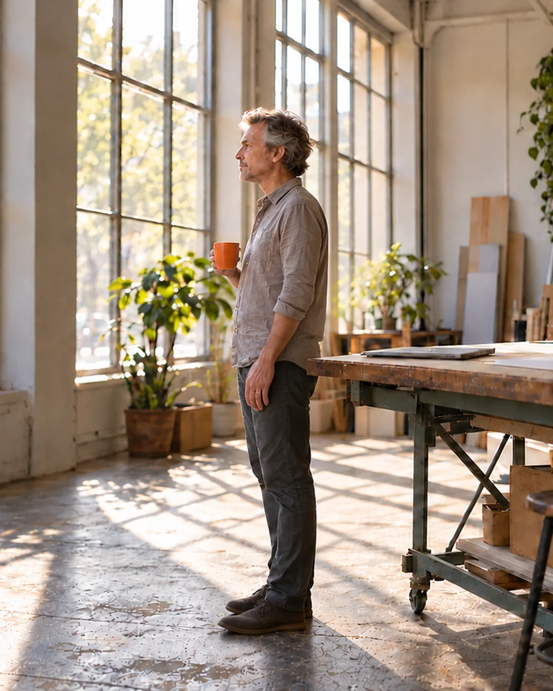 An architect stands at a sunlit studio window with a mug, thinking about who to write to next.