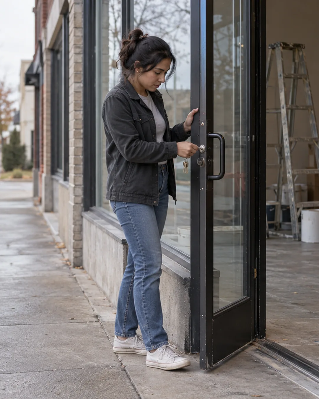 A new founder opens the door of her empty shop for the first time, boxes and ladder inside.