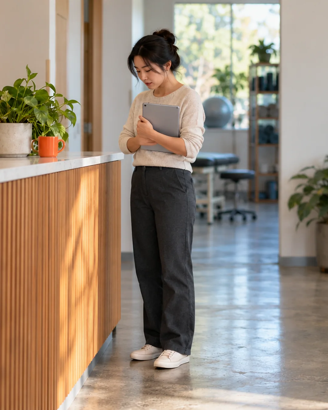 A clinic owner stands at her reception counter before opening, tablet in hand, going over the day ahead.