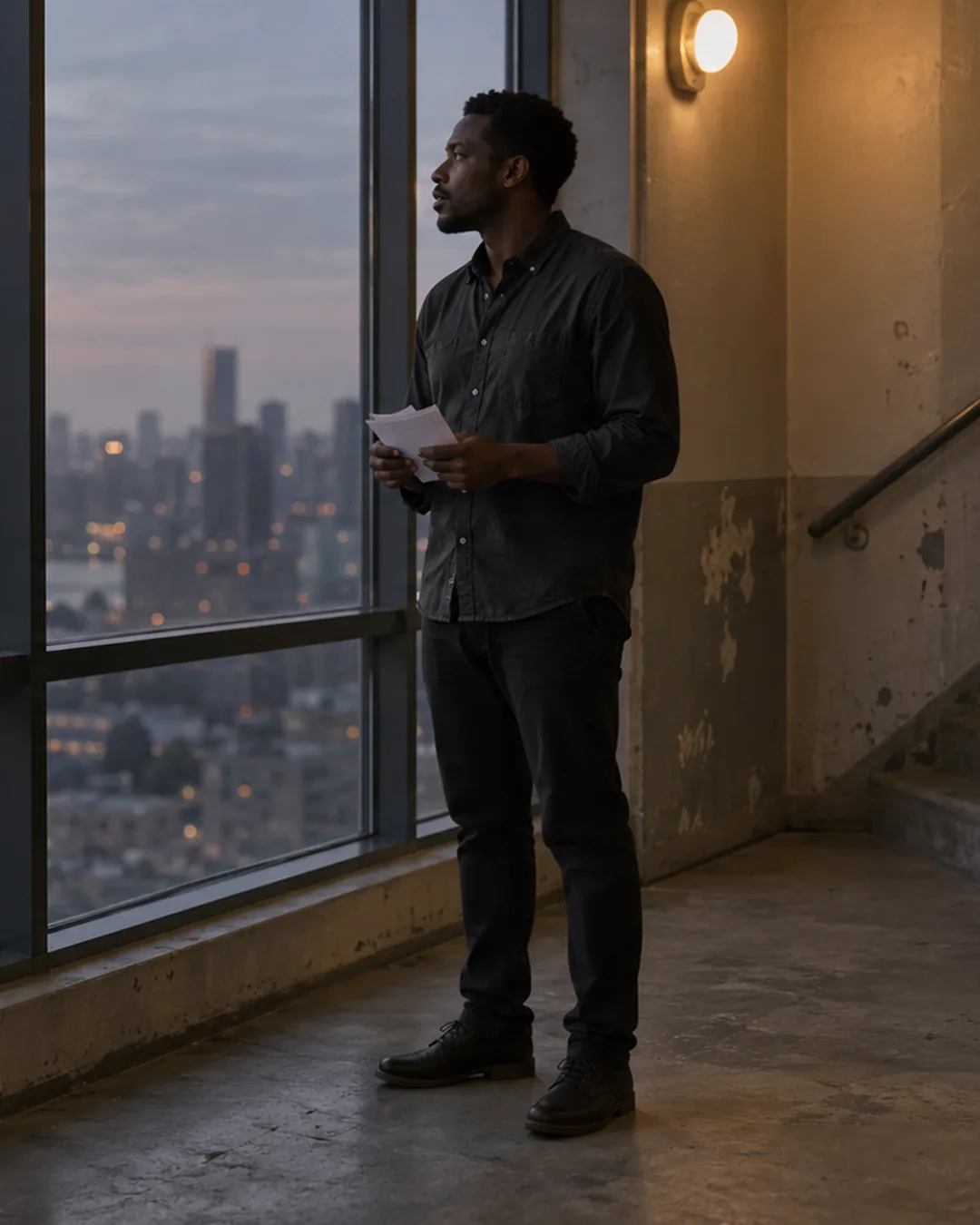 A founder rehearses his pitch alone on a stairwell landing with a printed deck at dusk.