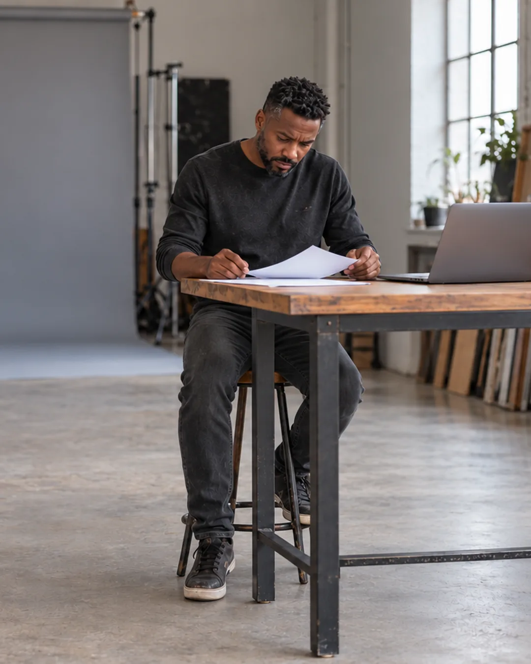 A photography studio owner sits at a standing desk reading over invoices, a laptop and a mug beside him.