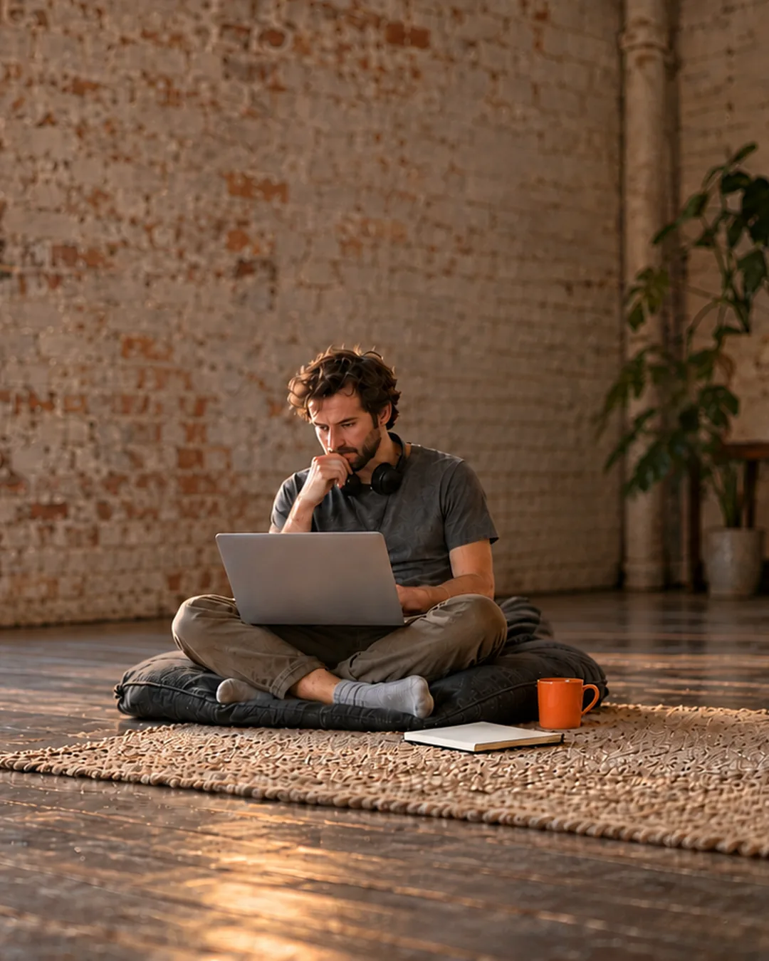 A shop founder sits on a floor cushion in a bright loft with a laptop and a headset, working out how to answer a customer.