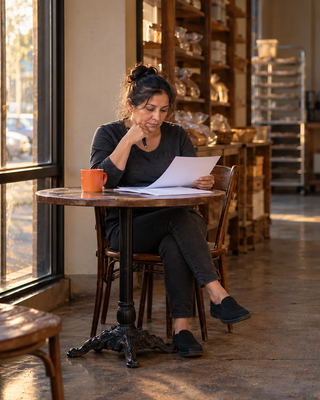 A bakery owner sits at a corner table after closing, reading through candidate pages with a pen in hand.