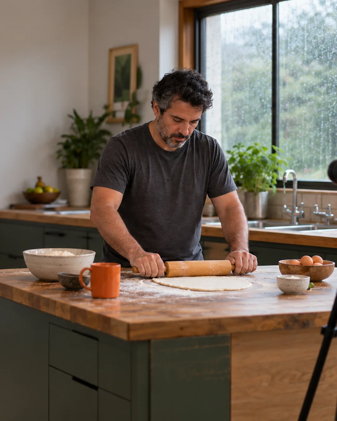 A chef films a cooking course at his kitchen island on a rainy day.