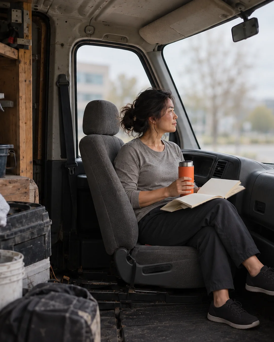 A cleaning company owner scouts office buildings from her van between jobs.