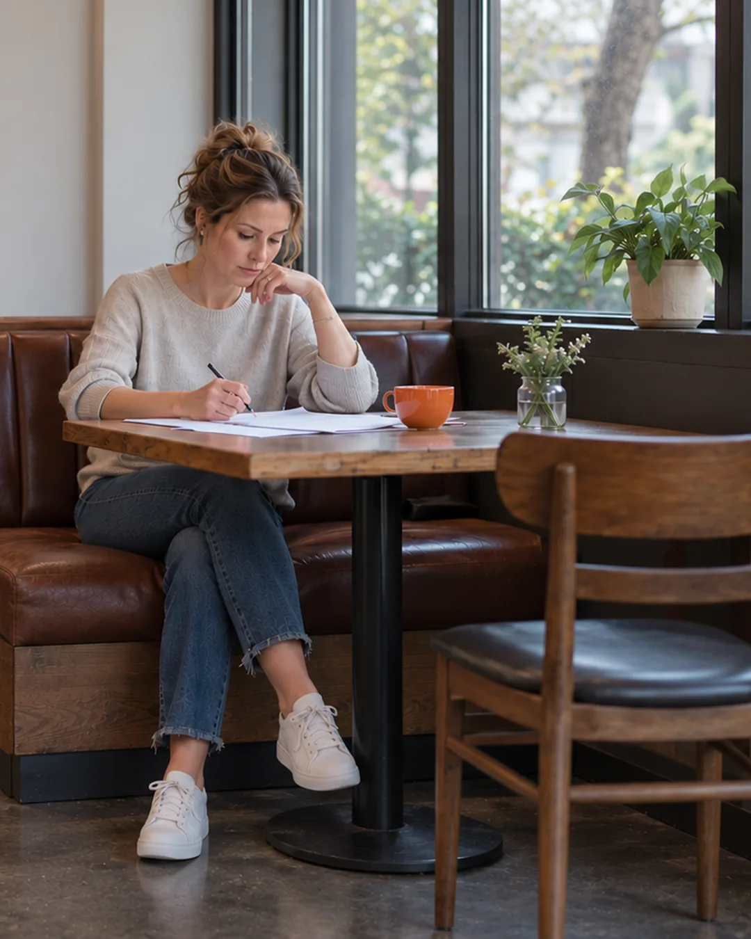 A coach drafts a free printable guide at a window table in the afternoon.