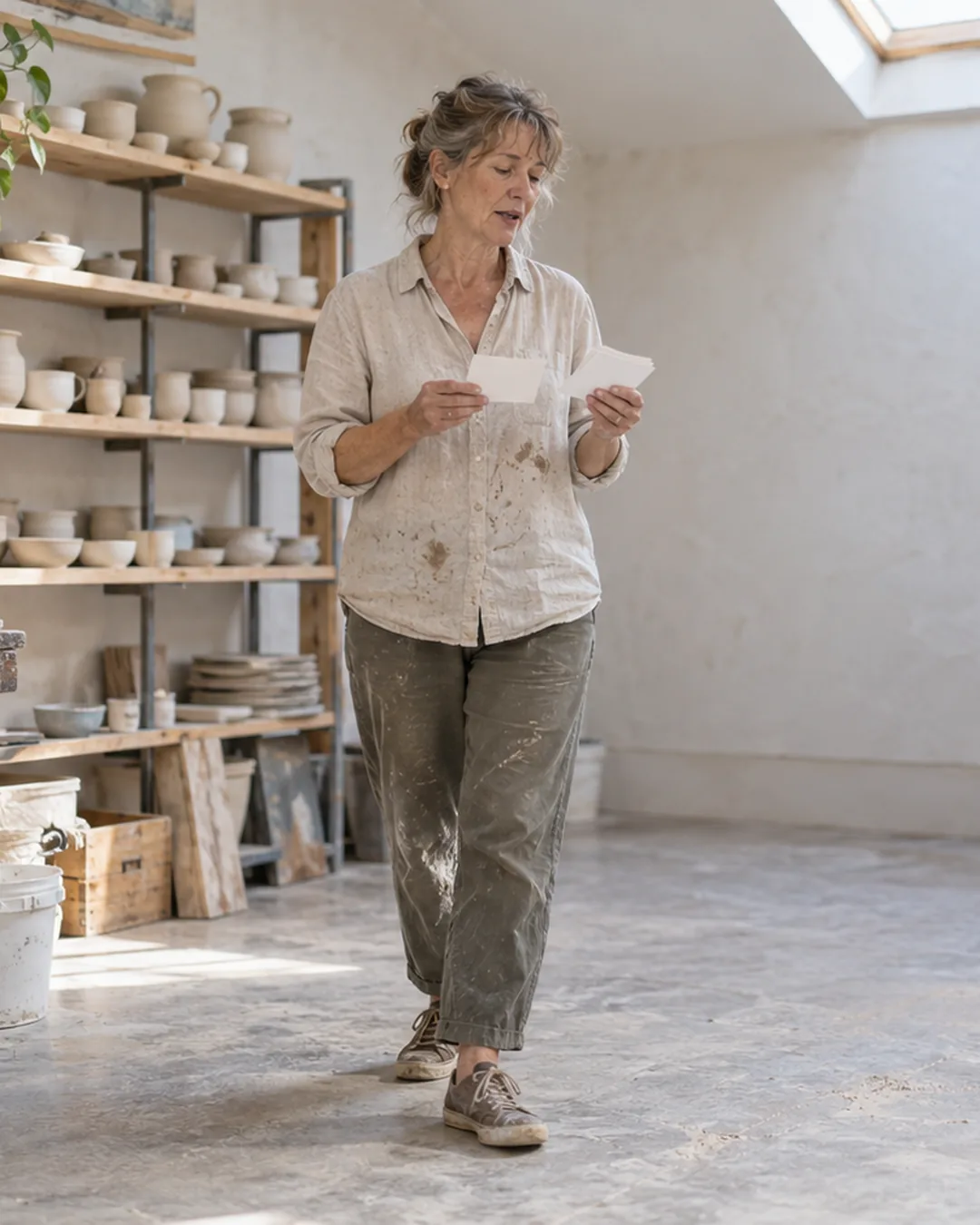 A pottery teacher rehearses a lesson out loud in her skylit studio, index cards in hand.