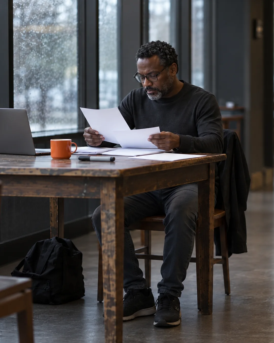 A travel blogger goes through a stack of printed old posts at a library table on a rainy day.