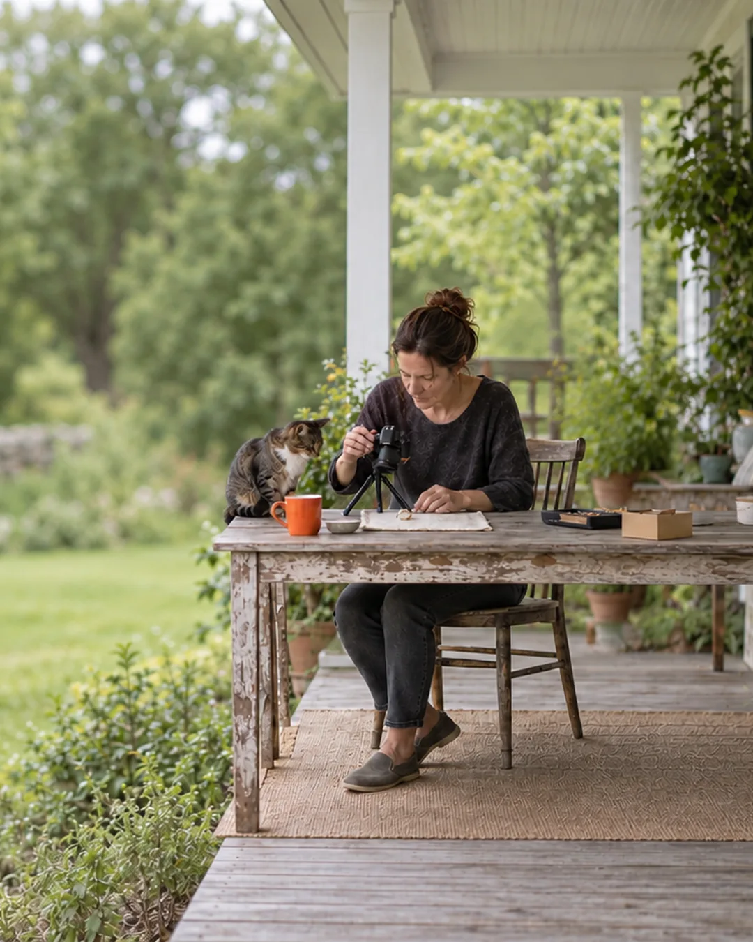A jewelry maker photographs a ring on a porch table in soft diffused light for her listing.