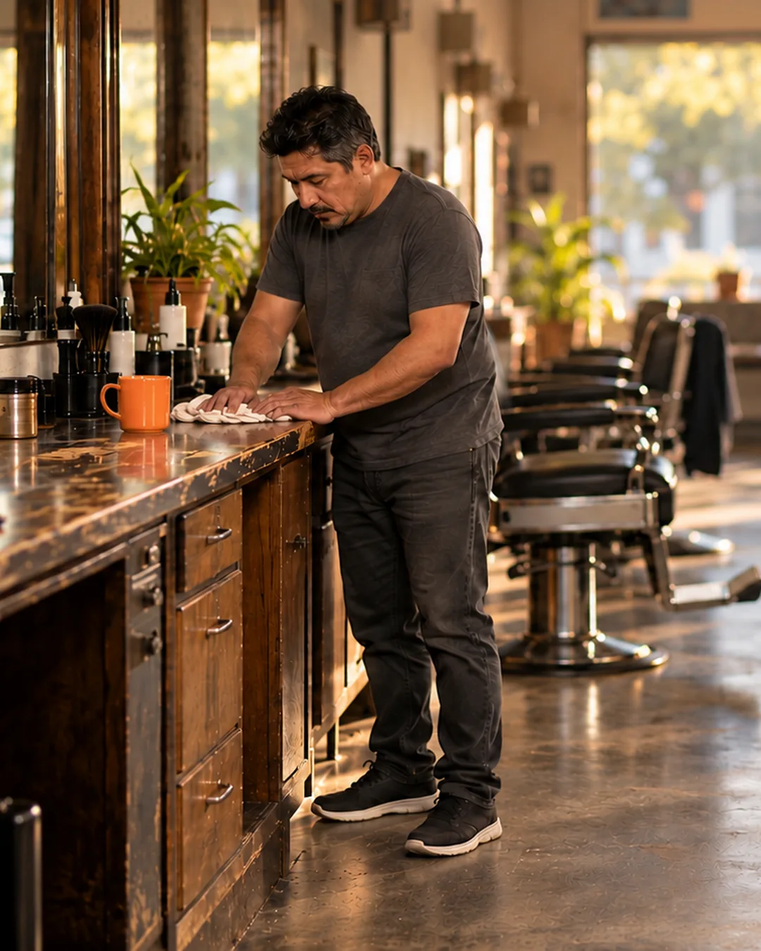 A barbershop owner wipes down his counter before opening, empty chairs and morning light behind him.