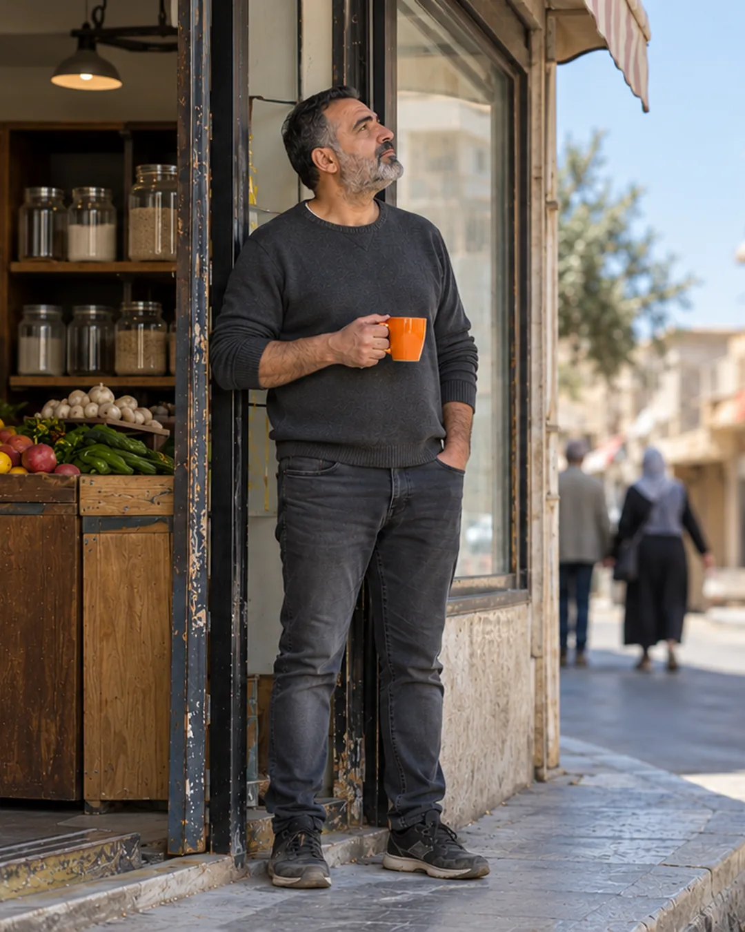 A corner-shop owner stands in his doorway, watching the neighbourhood go by.